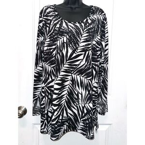 Cover Charge Black White Leaf  Print Embellished Rhinestone Tunic Top